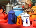 Many old coffee maker in a stand of flea market in Europe Royalty Free Stock Photo