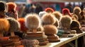 Many old-fashioned fur hats on display at a market, AI