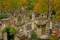 Many old graves and autumn trees in Montmartre cemetery, Paris, France,