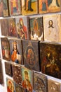 Many old icons. Orthodox icon. Image of the Saints. Virgin Mary and others. Painting, drawing on wood. Vintage and retro