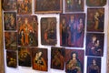 Many old icons. Orthodox icon. Image of the Saints. Virgin Mary and others. Painting, drawing on wood. Vintage and retro
