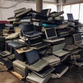 Many old laptops lying on top of each other, a repair shop, Royalty Free Stock Photo