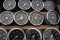 Many old motorcycle speedometers Royalty Free Stock Photo