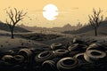 many old tire garbage in landscape AI generated