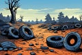 many old tire garbage in landscape AI generated