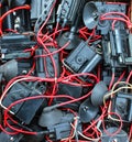 Many old used electrical high voltage transformers Royalty Free Stock Photo