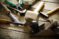 Many old working tools ( hammer, pliers, plane and