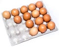 Many orange farm spotted brown chicken eggs in carton open box container on white backdrop. View from the top Royalty Free Stock Photo
