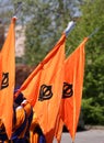 Many orange sikh flags with khanda symbol