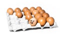 Many orange spotted brown chicken eggs in carton open box container on white backdrop. One egg with black drawn letters `eat me` Royalty Free Stock Photo
