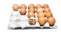 Many orange spotted brown chicken eggs in carton open box container on white background. One egg with black drawn inscription Royalty Free Stock Photo