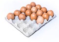 Many orange spotted brown eggs in carton open box container on white backdrop. View from the top Royalty Free Stock Photo