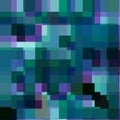 Many overlapping translucent squares in purple, green, blue and black overlaying in different sizes creating cool abstract cold