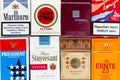 Many packs of different cigarettes photographed with top view flat lay composition on March 25, 2017 in Prague, Czech republic.