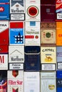 Many packs of different cigarettes photographed with top view flat lay composition on March 25, 2017 in Prague, Czech republic.