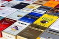 Many packs of different cigarettes photographed with top view flat lay composition on March 25, 2017 in Prague, Czech republic.