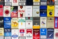 Many packs of different cigarettes photographed with top view flat lay composition on March 25, 2017 in Prague, Czech republic.