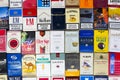 Many packs of different cigarettes photographed with top view flat lay composition on March 25, 2017 in Prague, Czech republic.