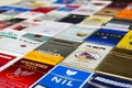 Many packs of different cigarettes photographed with top view flat lay composition on March 25, 2017 in Prague, Czech republic.