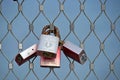 Many padlocks of lovers hanging on bridge railings