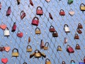 Many padlocks of lovers hanging on bridge railings