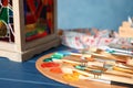 Many paintbrushes and palette on blue wooden table, closeup Royalty Free Stock Photo