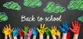 Many painted kids hands with smileys and the message `Back to school` Royalty Free Stock Photo