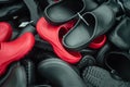 Many pairs of rubber galoshes. Waterproof shoes Royalty Free Stock Photo