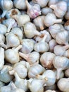 Many Garlic Bulbs For Sale at Fruit and Vegetable Market Royalty Free Stock Photo