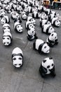 Many panda sculptures view from above that place on the floor is an art exhibition in Bangkok, Thailand
