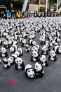 Many panda sculptures view from above that place on the floor is an art exhibition in Bangkok, Thailand