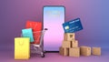 Many Paper boxes and Colourful paper shopping bags and credit card in a shopping cart appeared from smartphones screen., shopping