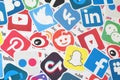 Many paper logos of popular social networks and internet resources. Colorful banner