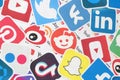 Many paper logos of popular social networks and internet resources. Colorful banner