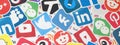 Many paper logos of popular social networks and internet resources. Colorful banner