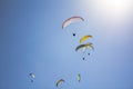 A many paragliders on colorful parachutes in a clear blue sky with bright sunshine