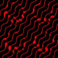 many parallel wavy red coloured diagonal lines on a black background