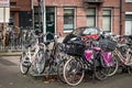 Many parked bicycles in the city.