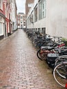 Many parked bicycles near building on city street Royalty Free Stock Photo