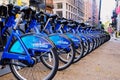 Many parked New York Citi Bikes