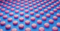 Many pastel pink macarons distributed in lines on blue background. Pastel colours. Elegant food concept. 3d illustration