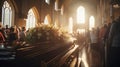 many people in the church before the burial, carrying flowers standing behind the wooden brown coffin Royalty Free Stock Photo