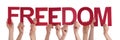 Many People Hands Hold Red Straight Word Freedom