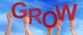 Many People Hands Holding Red Word Grow Blue Sky Royalty Free Stock Photo