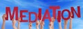 Many People Hands Holding Red Word Mediation Blue Sky Royalty Free Stock Photo