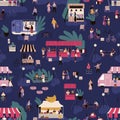 Many people at night market colorful seamless pattern. Urban festival, street marketplace. Background with croud of
