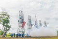 Many people are preparing fireballs, the rocket taking off to the sky, Thailand community rocket festival at Phanom Phrai District