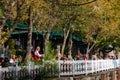 People sitting at Pierre Loti Cafe, enjoying and drinking tea in Istanbul, Turkey