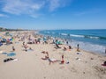 Many people sunbathe in Santa Monica Beach
