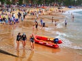 Swimmers and Surf Rescue Boat, Manly Beach, Sydney, Australia Royalty Free Stock Photo
